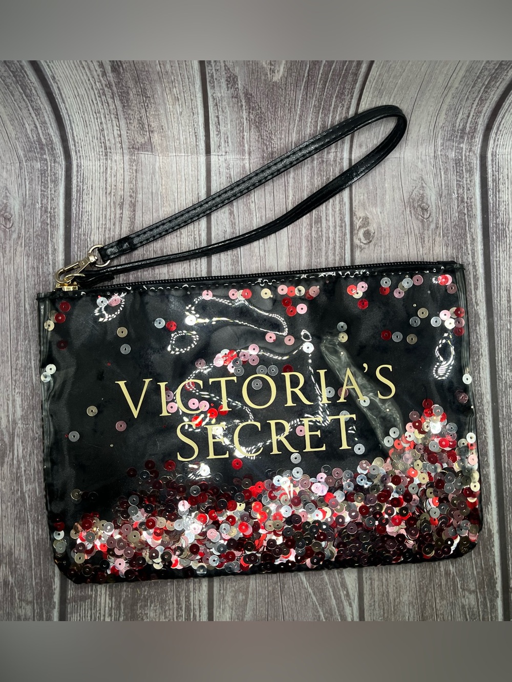 VICTORIA’S SECRET Sequin Wristlet Pouch Cosmetic Bag Black w/ PVC Pink Red Gold